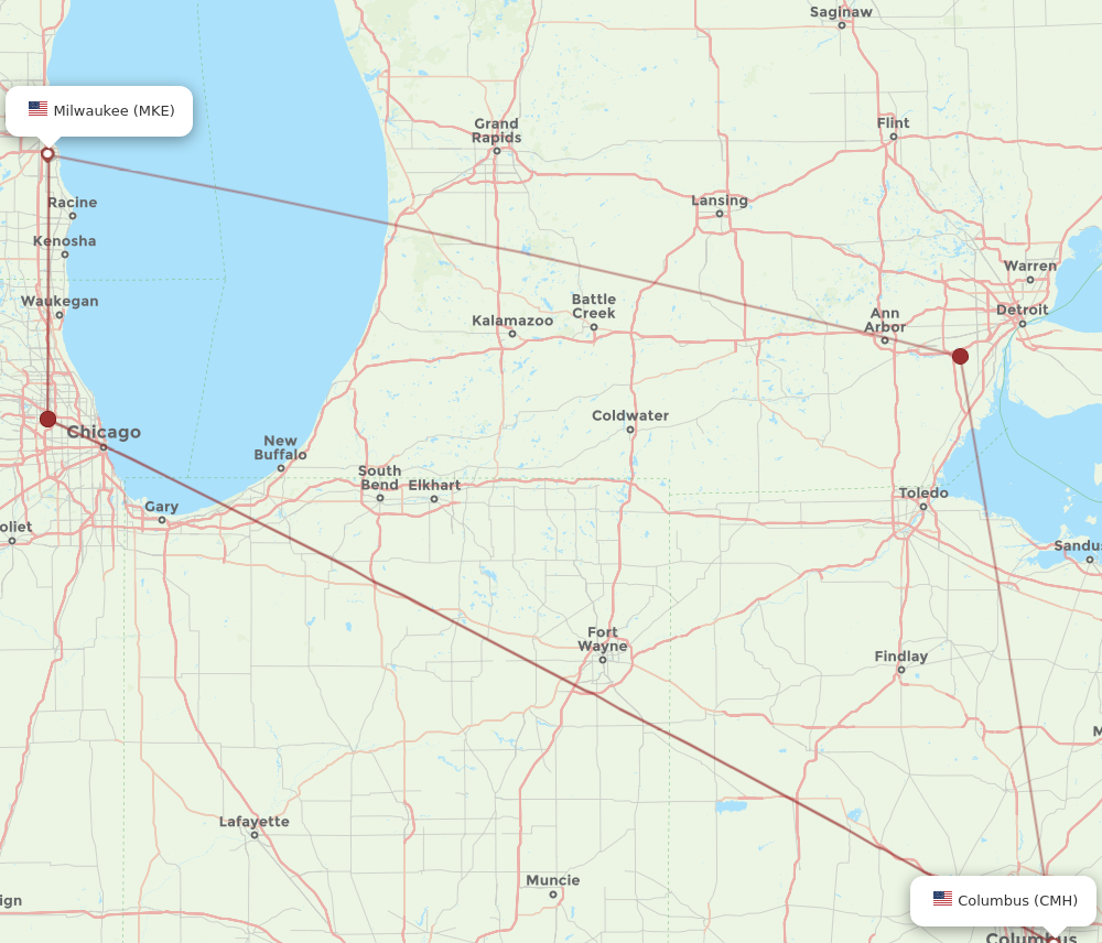 MKE to CMH flights and routes map