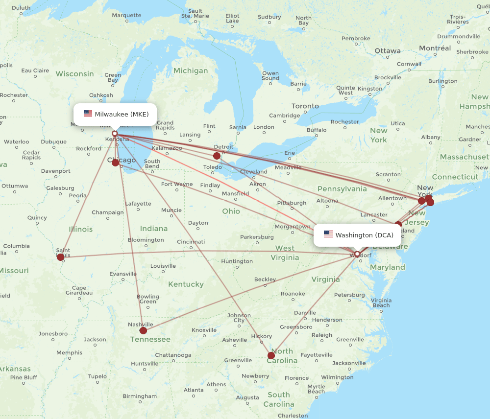 MKE-DCA flight routes