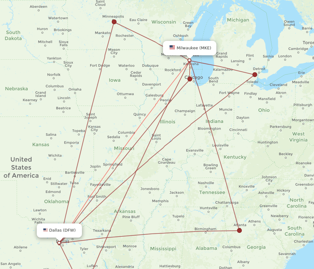 MKE-DFW flight routes