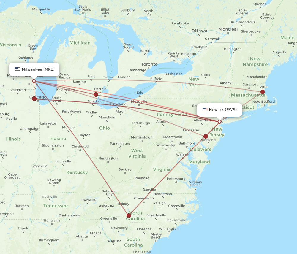 MKE-EWR flight routes