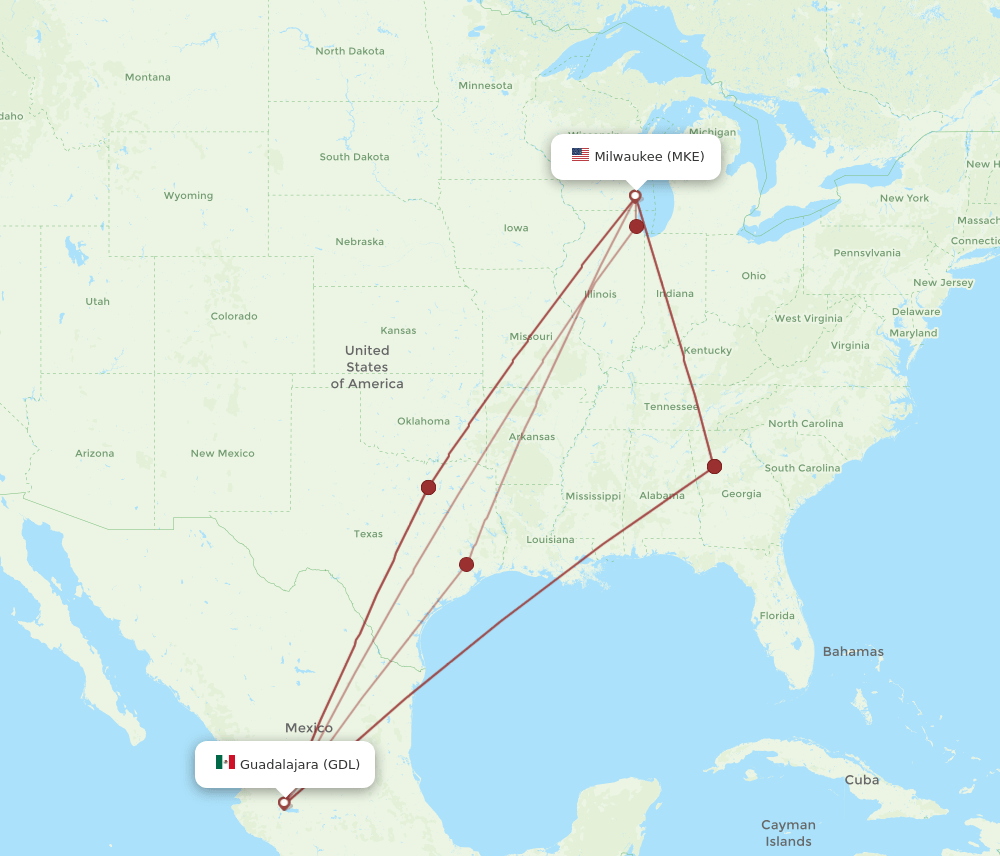 MKE-GDL flight routes