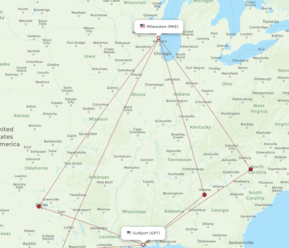 MKE-GPT flight routes