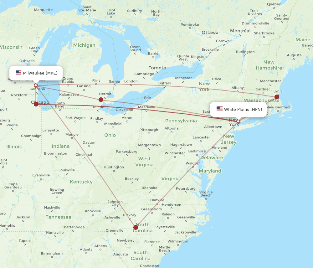 MKE-HPN flight routes