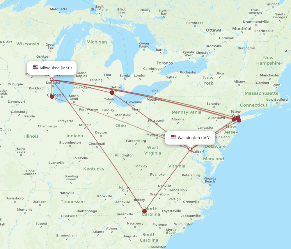 MKE to IAD flights and routes map