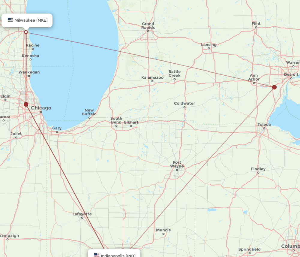 MKE to IND flights and routes map