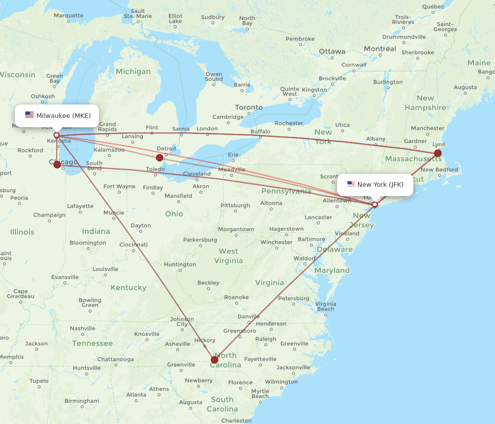 MKE-JFK flight routes