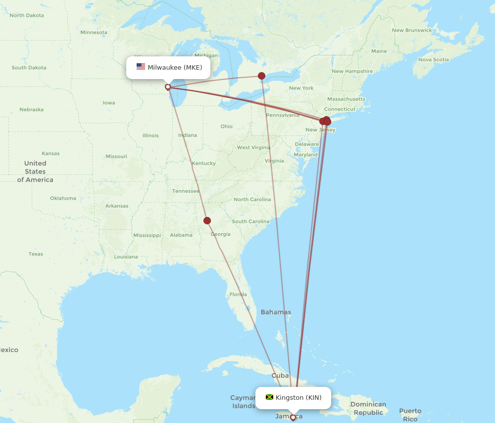 MKE to KIN flights and routes map