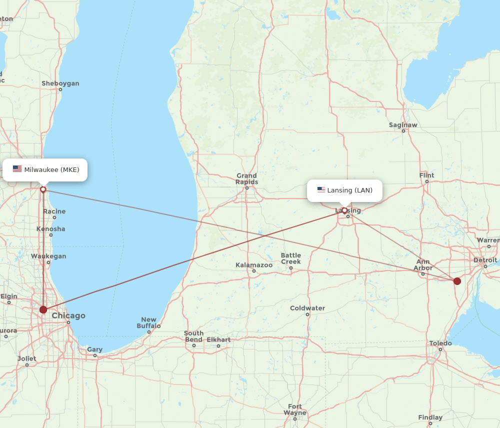 MKE to LAN flights and routes map