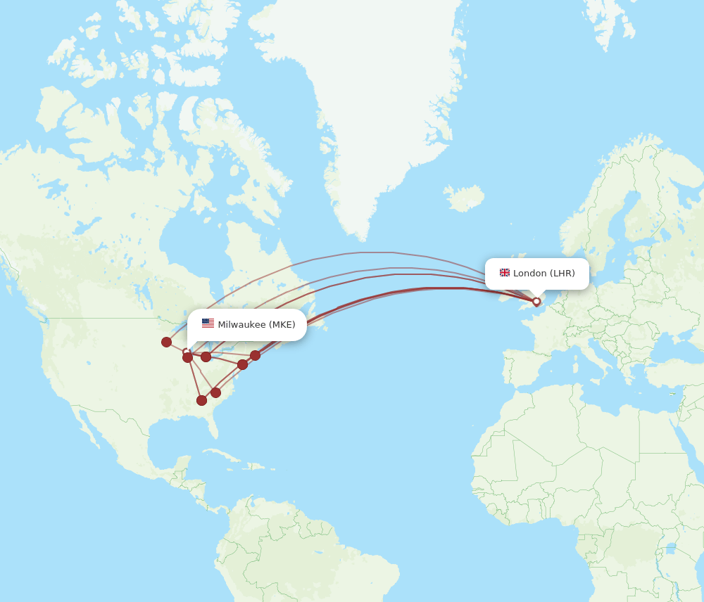 MKE-LHR flight routes