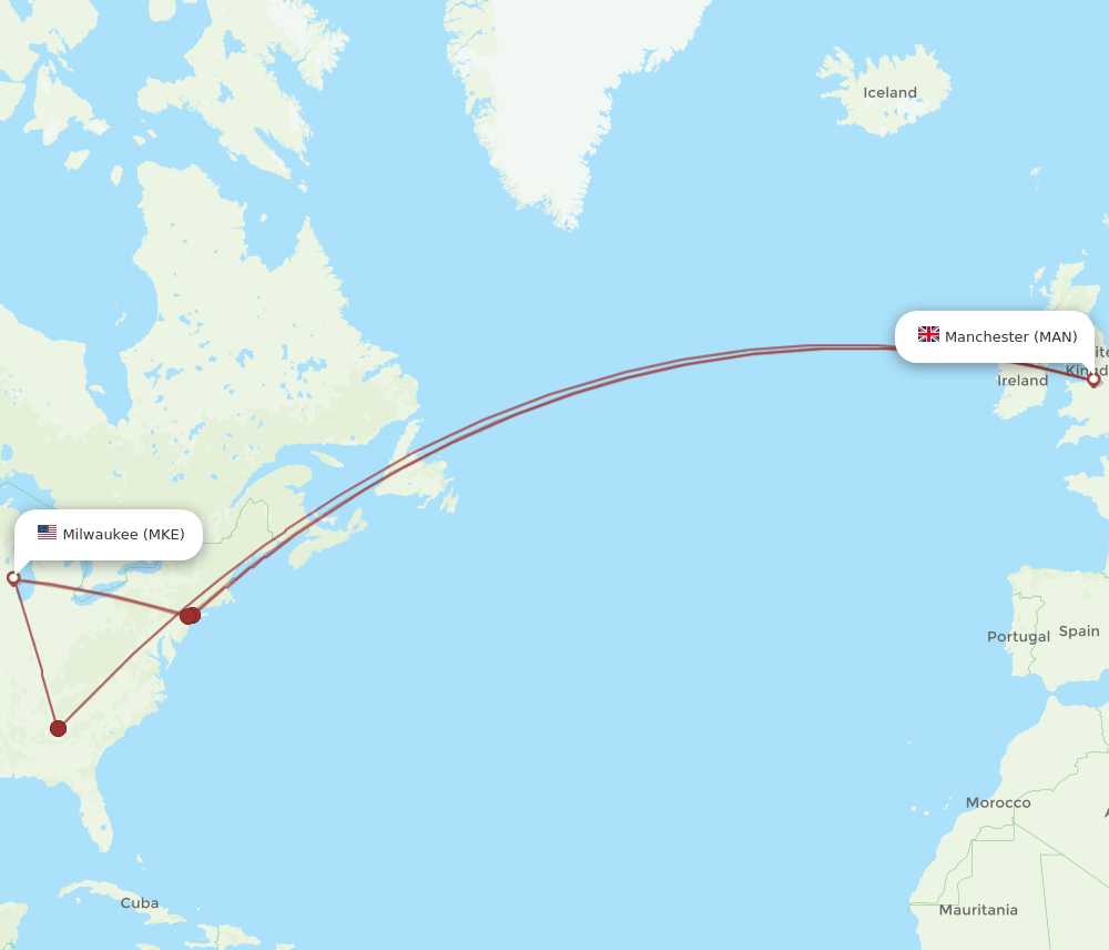 MKE-MAN flight routes