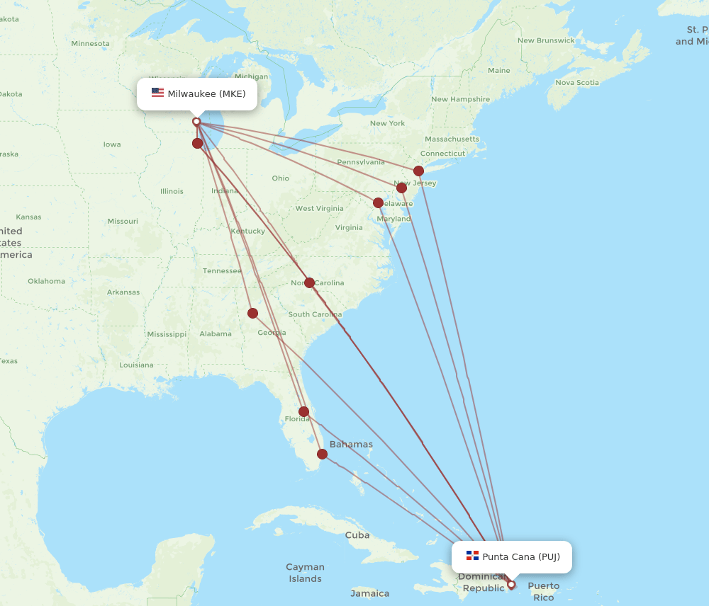 MKE-PUJ flight routes