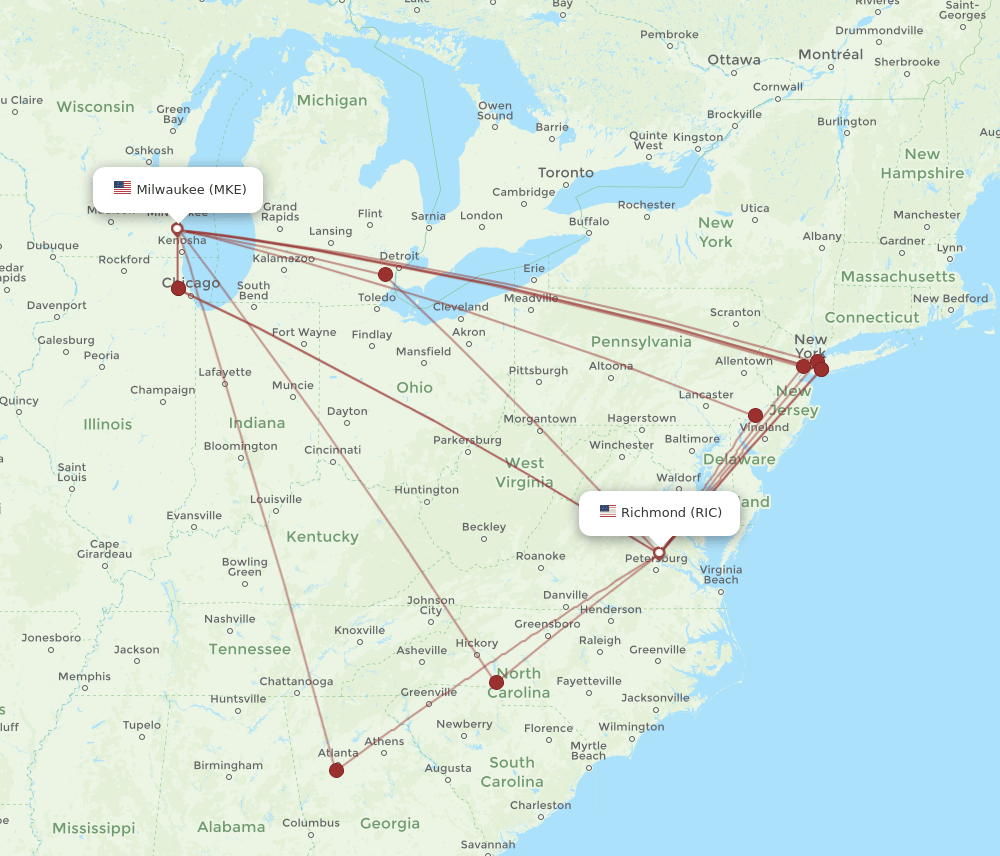 MKE to RIC flights and routes map