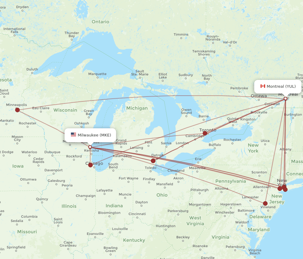 MKE-YUL flight routes