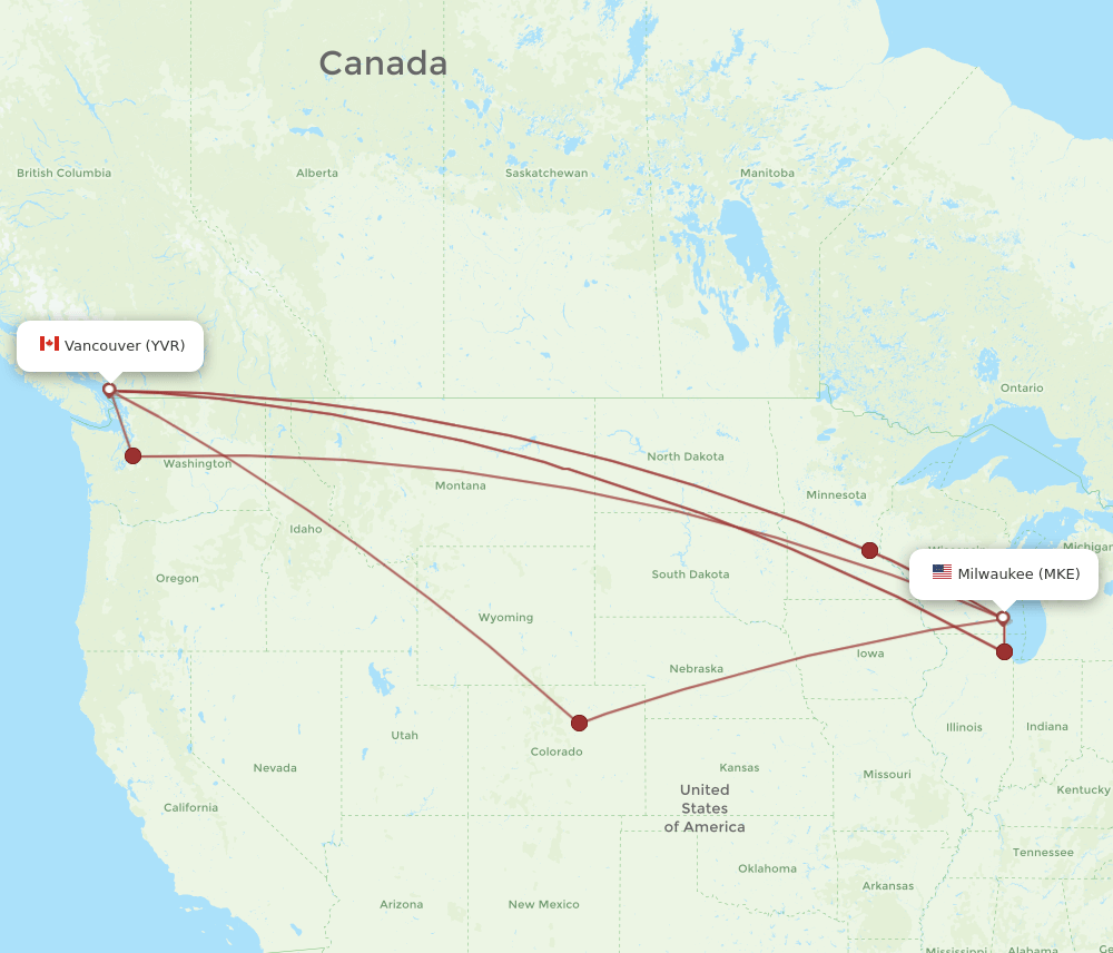 MKE to YVR flights and routes map