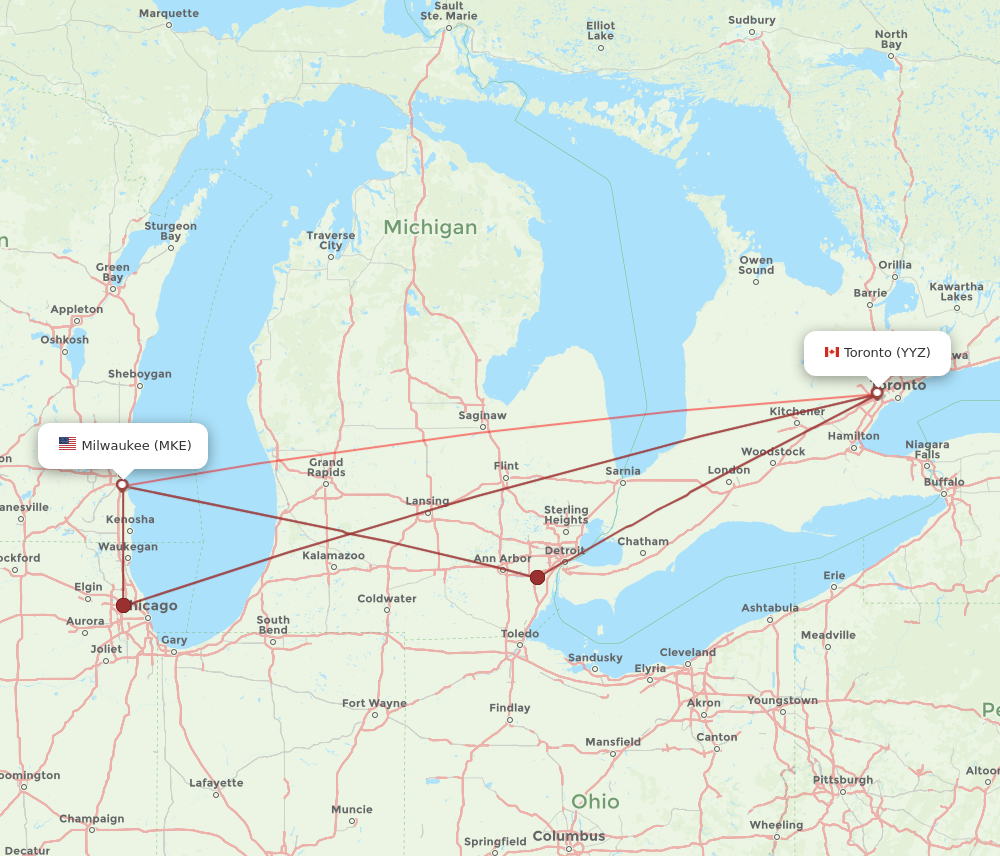 MKE to YYZ flights and routes map