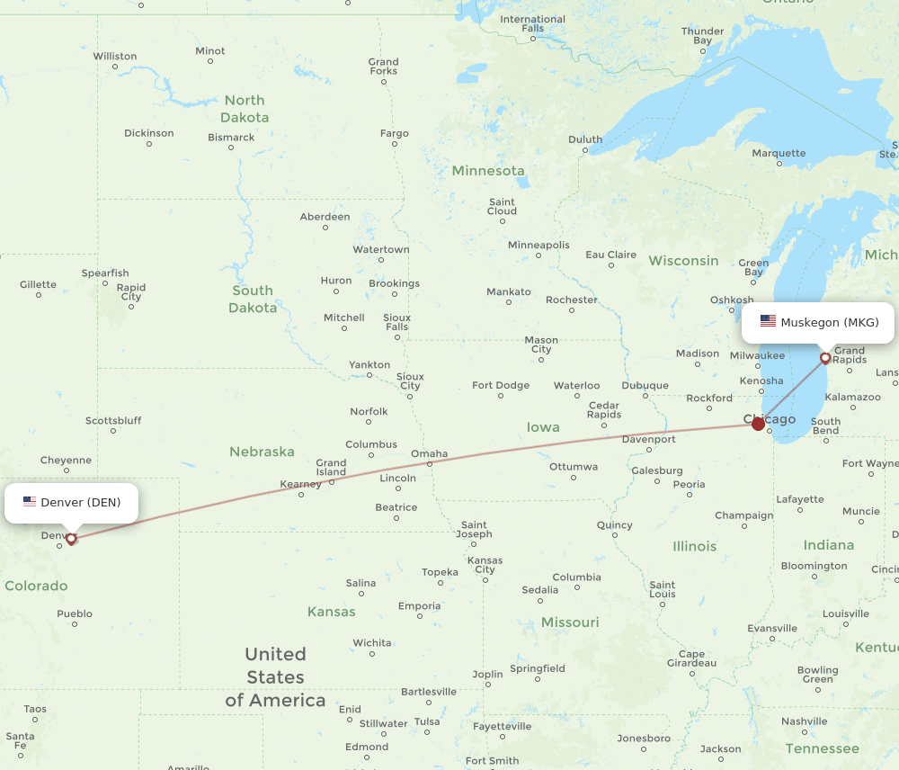 Muskegon - Denver route map and flight paths