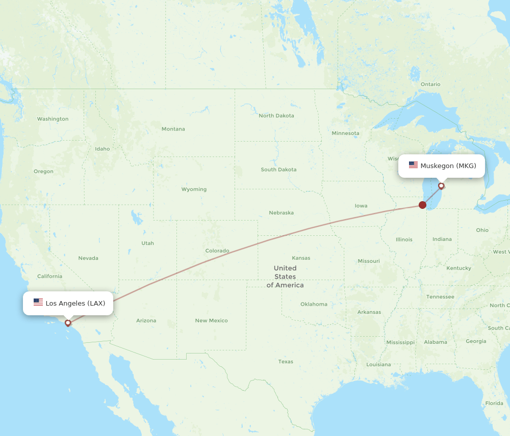 Muskegon - Los Angeles route map and flight paths