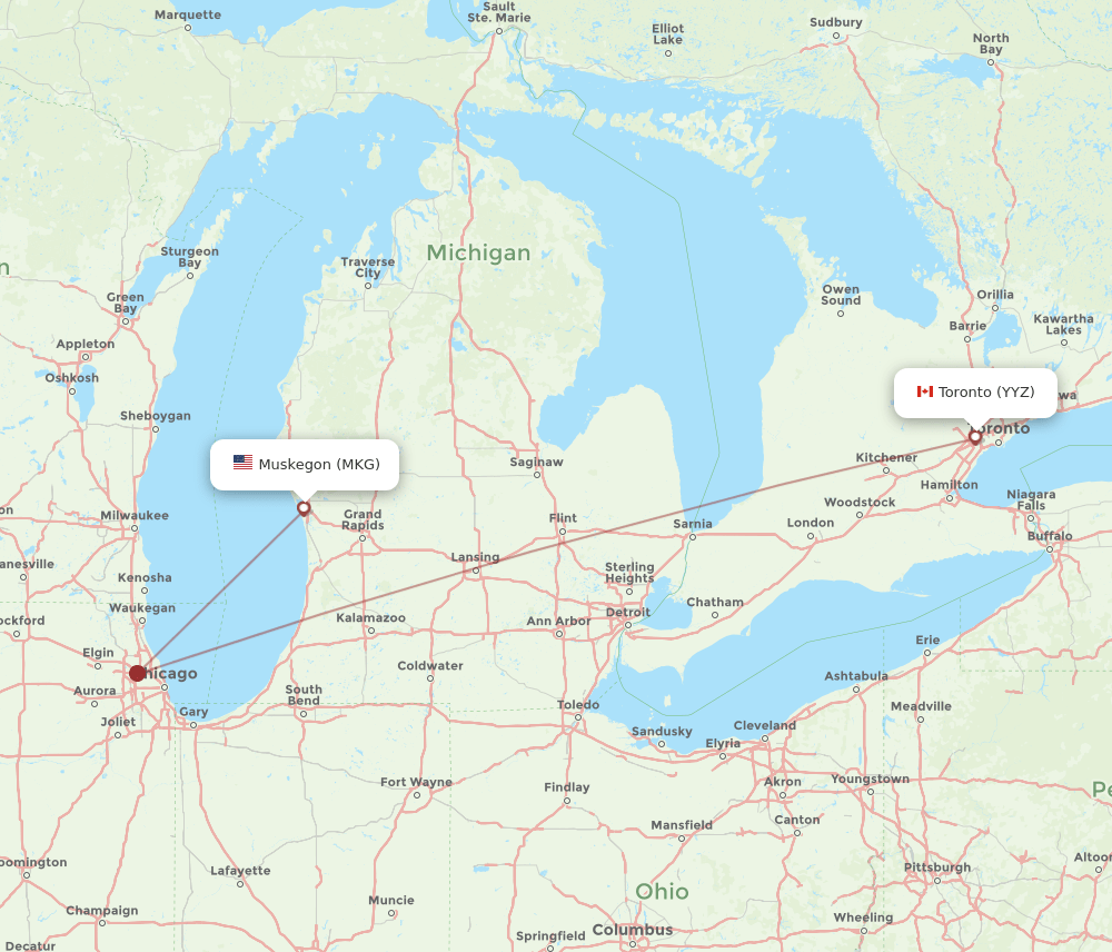 Muskegon - Toronto route map and flight paths
