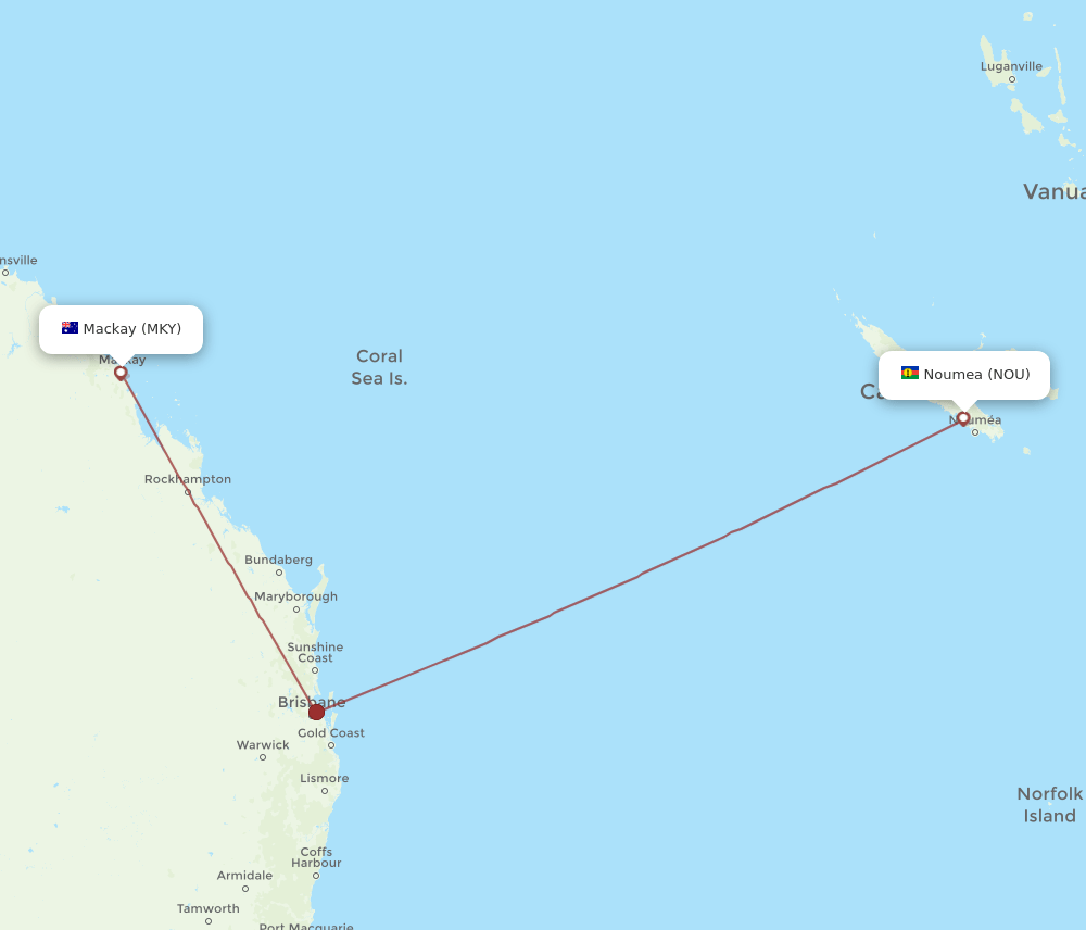 Noumea - Mackay route map and flight paths