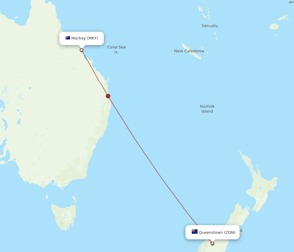Queenstown - Mackay route map and flight paths