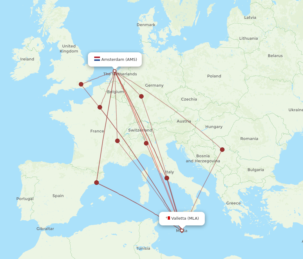 MLA to AMS flights and routes map