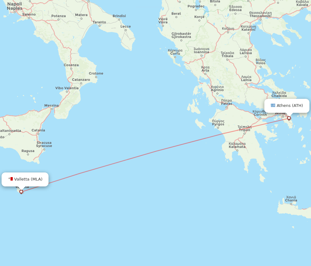 Malta - Athens route map and flight paths