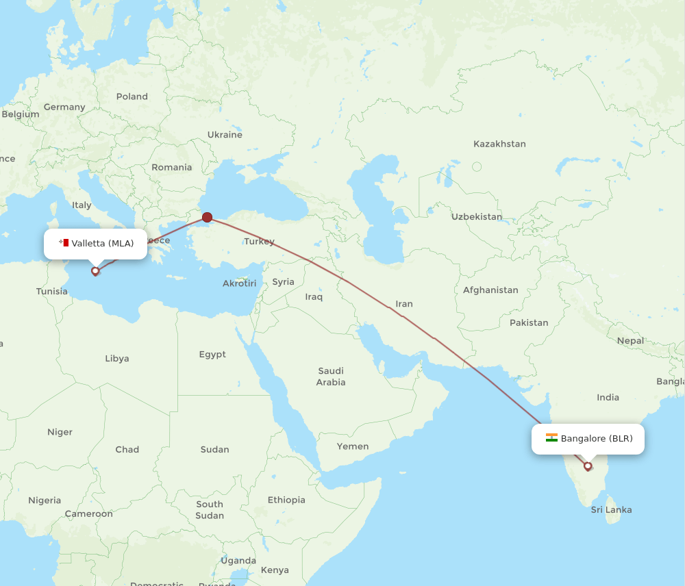 Bengaluru - Malta route map and flight paths