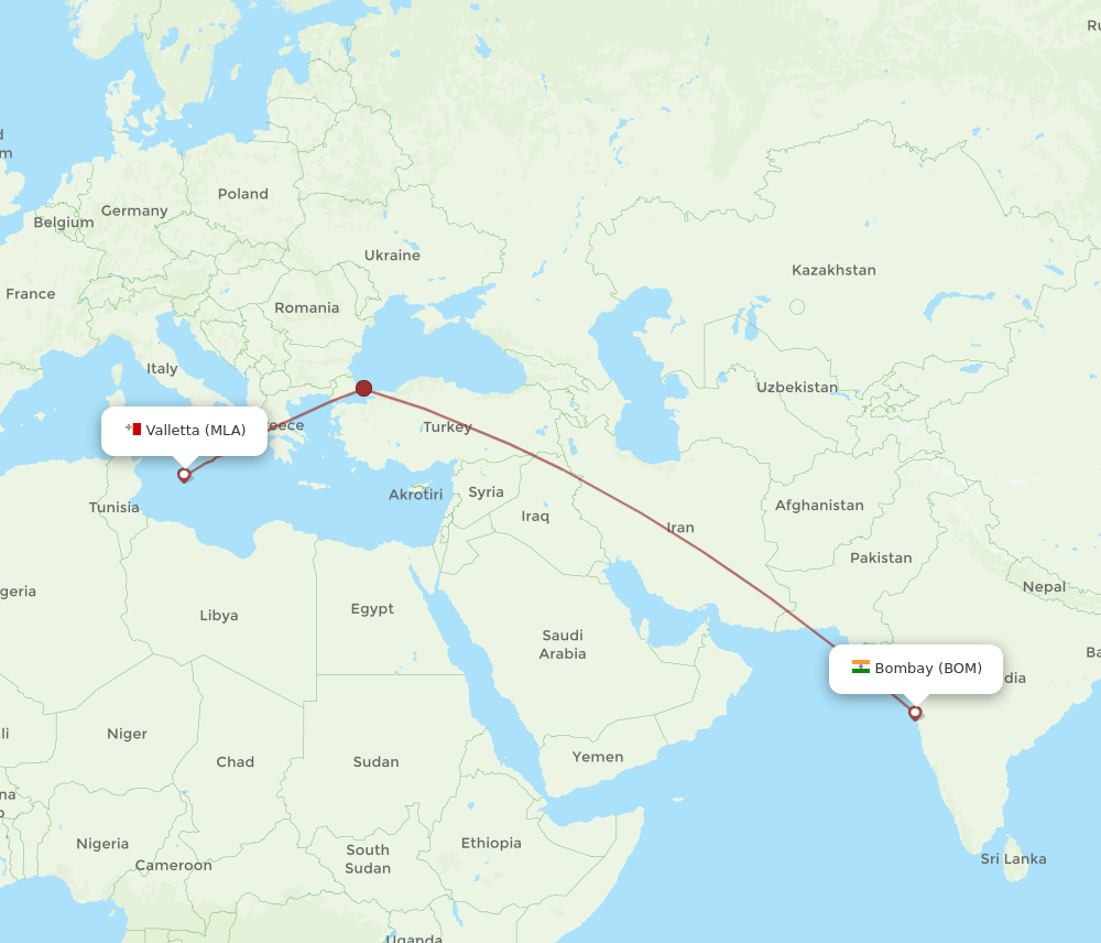 MLA to BOM flights and routes map