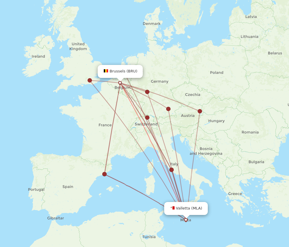 MLA to BRU flights and routes map
