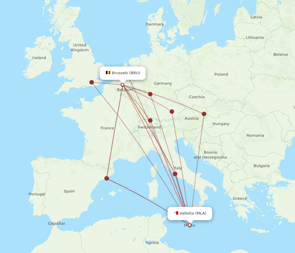 MLA-BRU flight routes