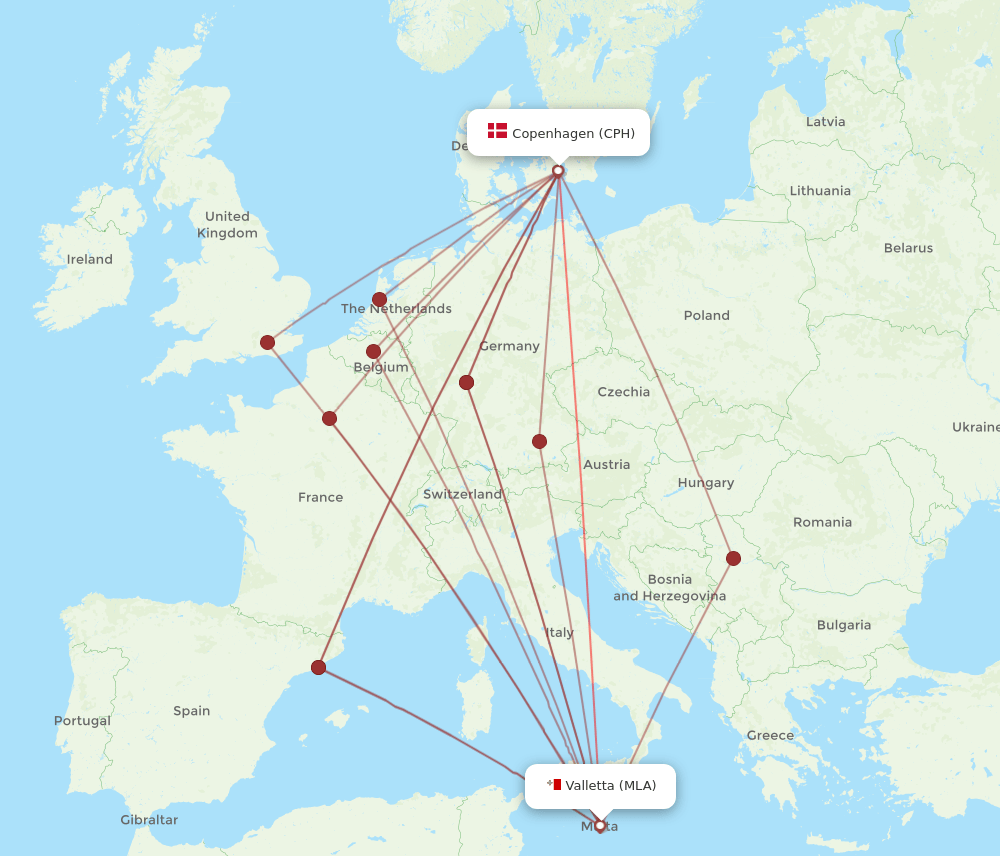 MLA-CPH flight routes
