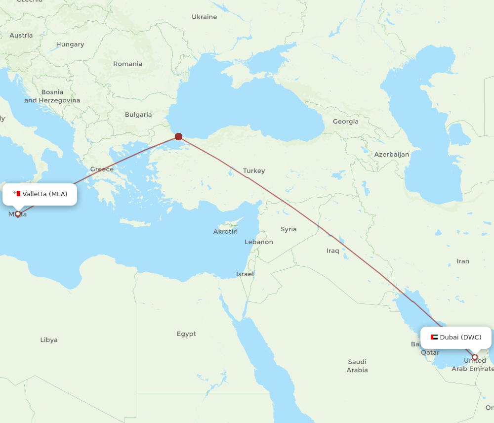 DWC to MLA flights and routes map