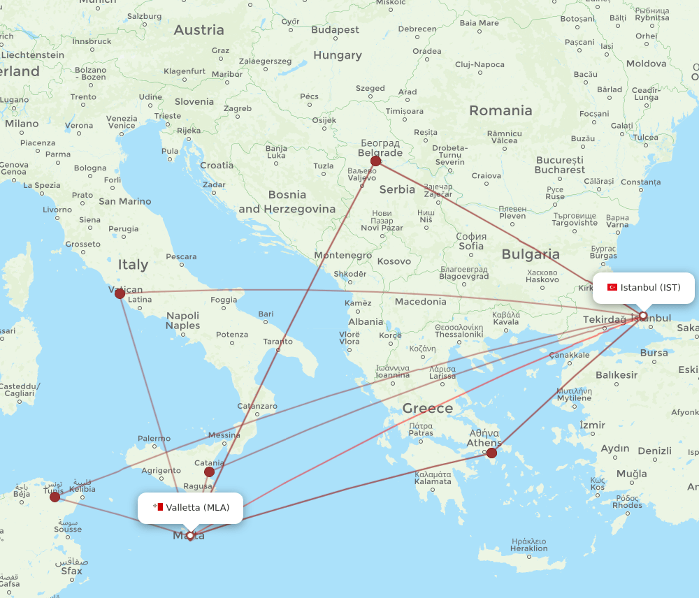 MLA to IST flights and routes map