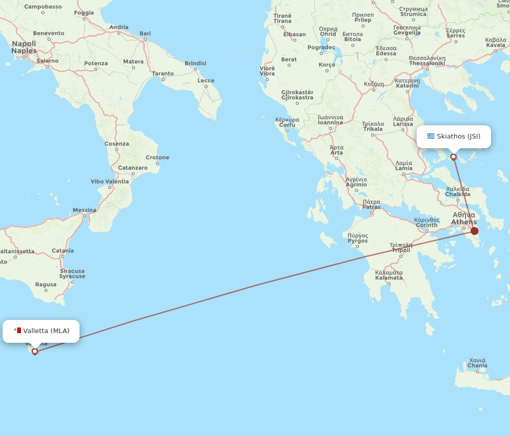 MLA to JSI flights and routes map
