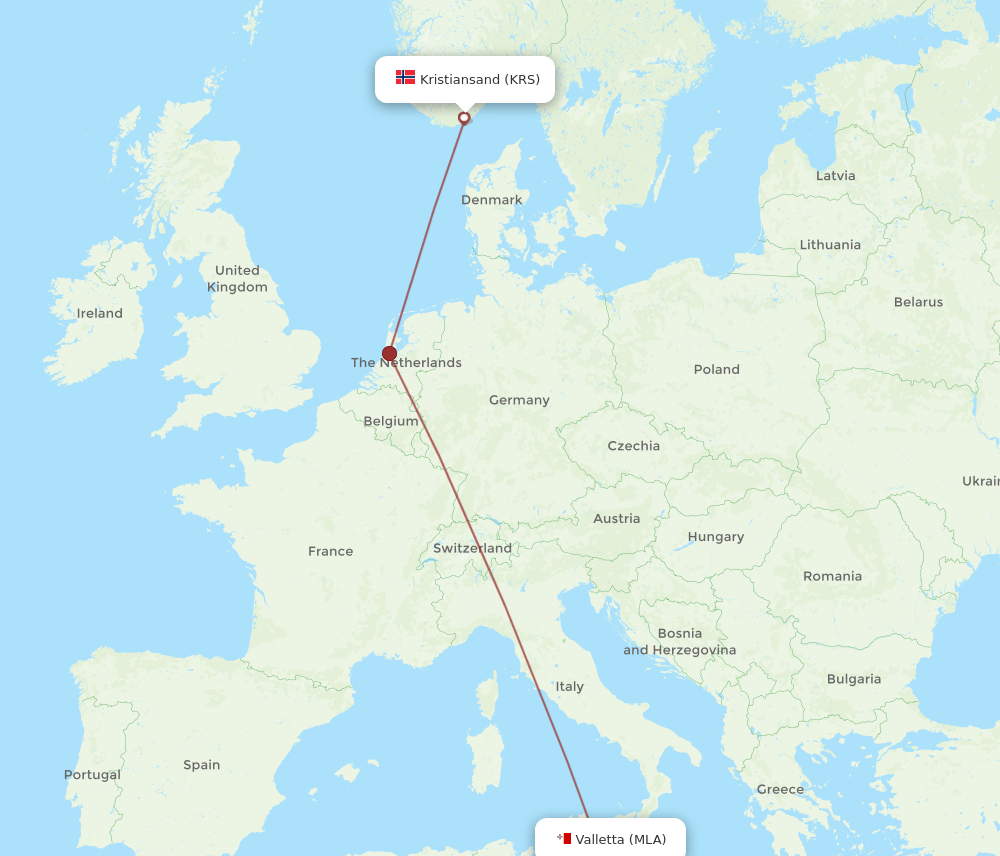 Kristiansand - Malta route map and flight paths