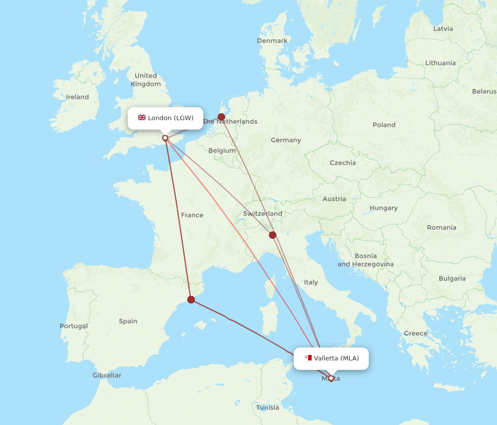 MLA to LGW flights and routes map