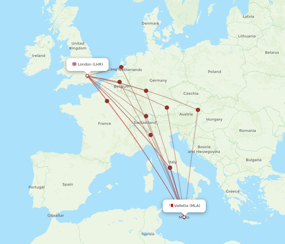 MLA-LHR flight routes