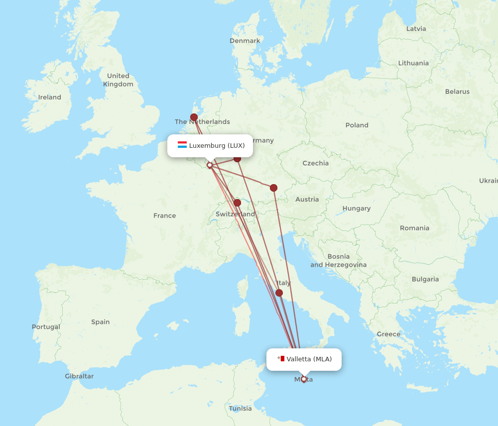 MLA to LUX flights and routes map