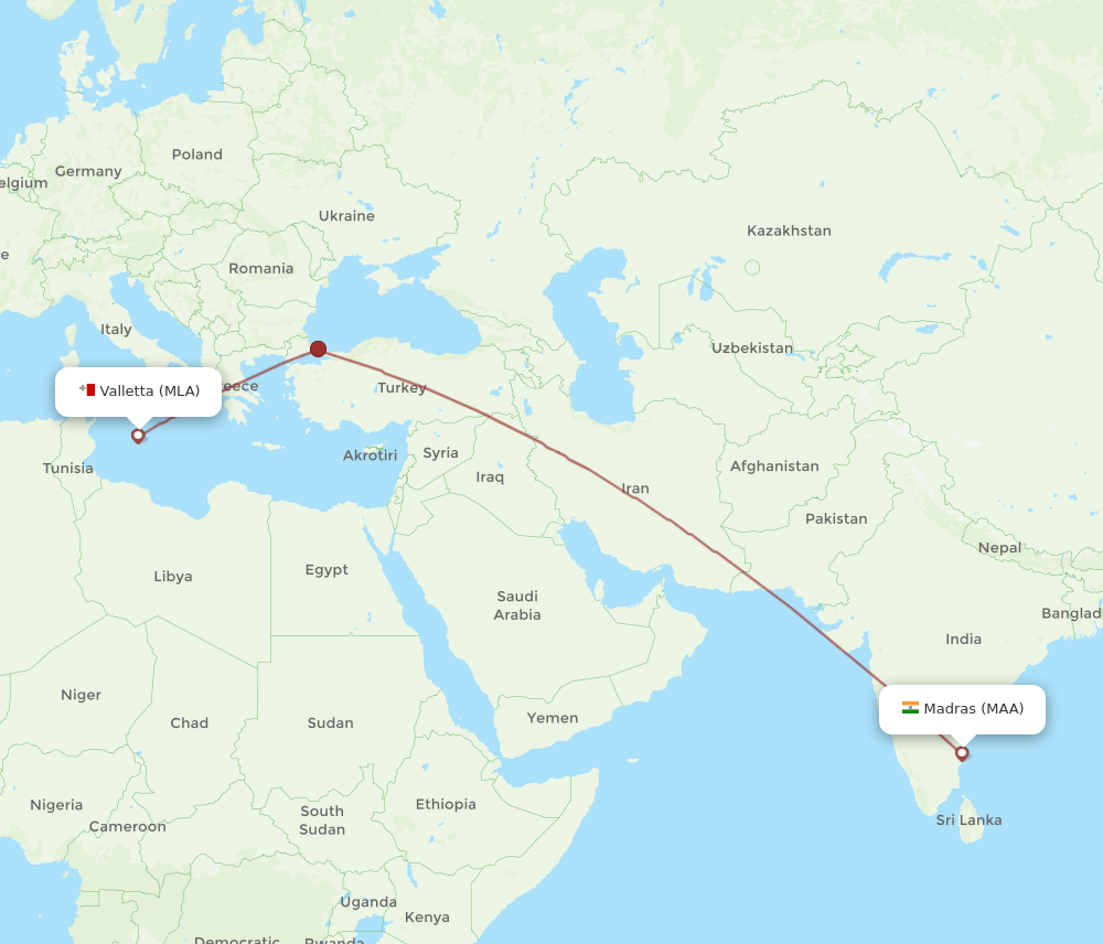 Chennai - Malta route map and flight paths