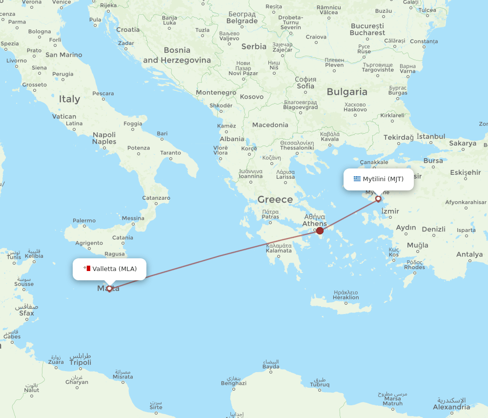 Mytilene - Malta route map and flight paths