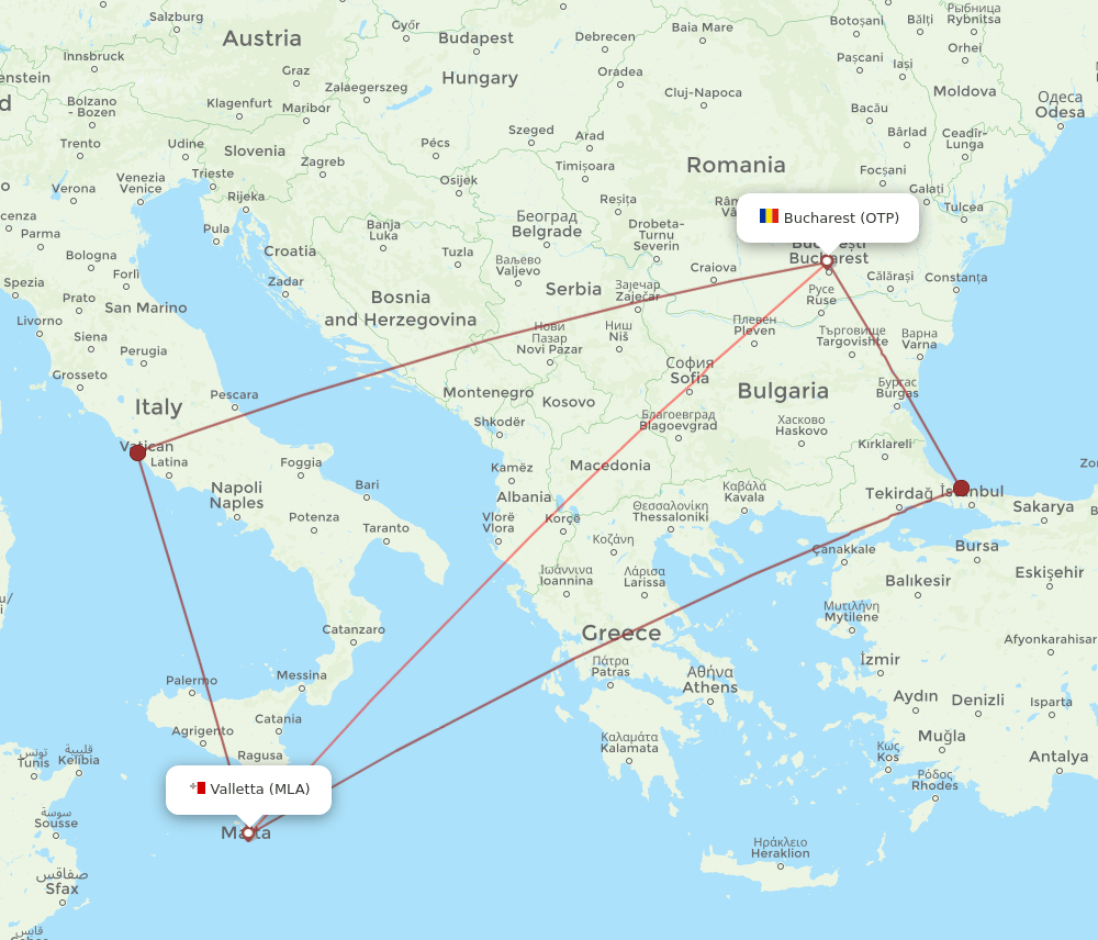 MLA to OTP flights and routes map