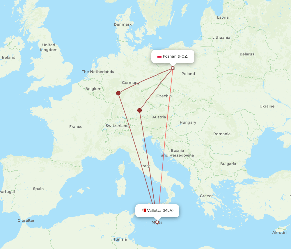 MLA to POZ flights and routes map