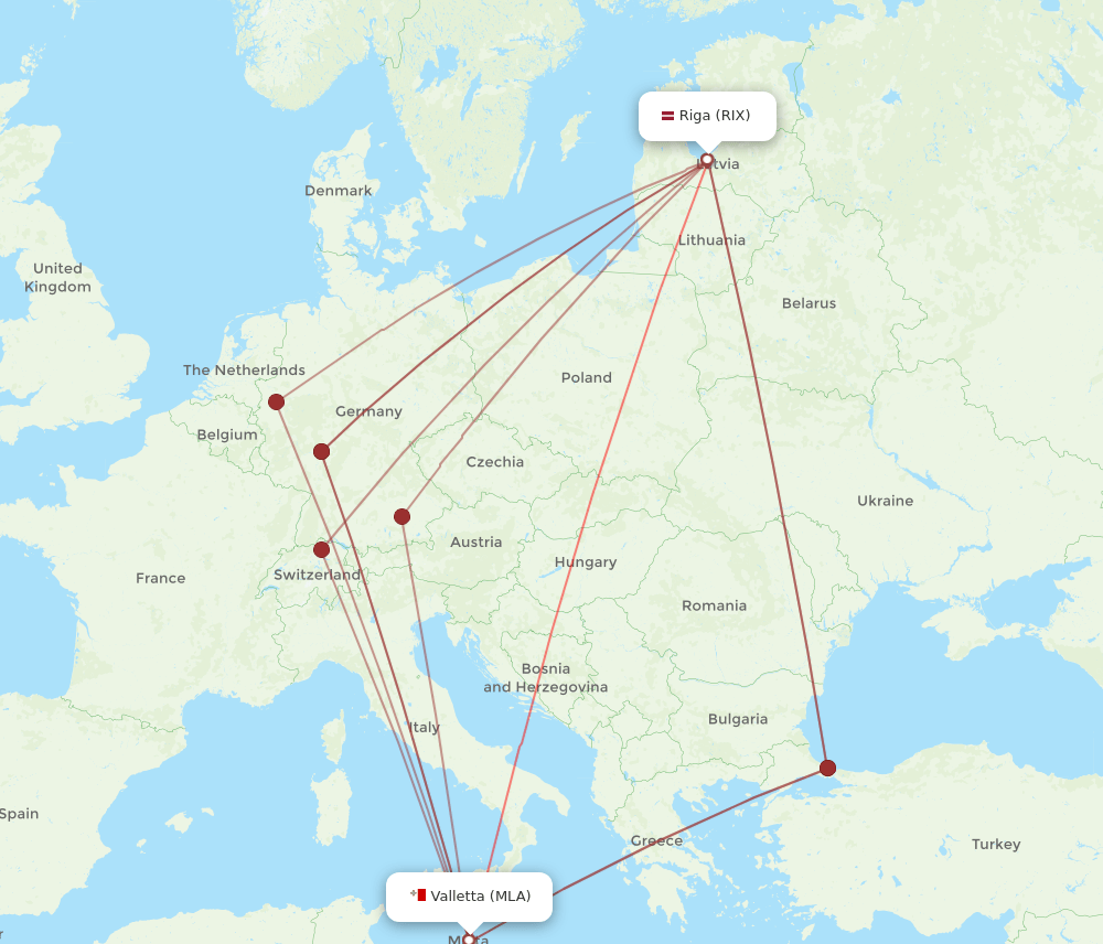 MLA to RIX flights and routes map