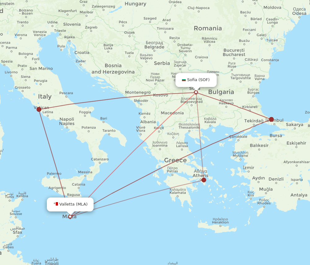 MLA to SOF flights and routes map