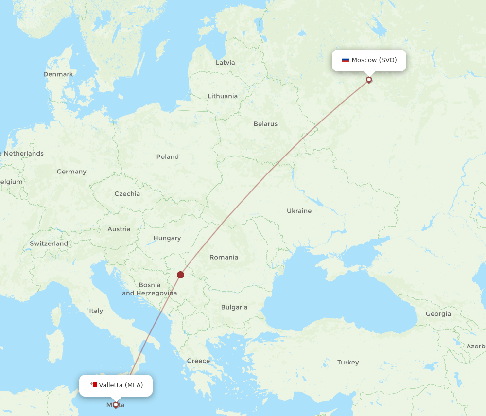 Moscow - Malta route map and flight paths