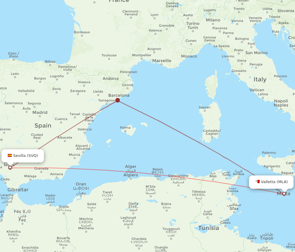 MLA to SVQ flights and routes map