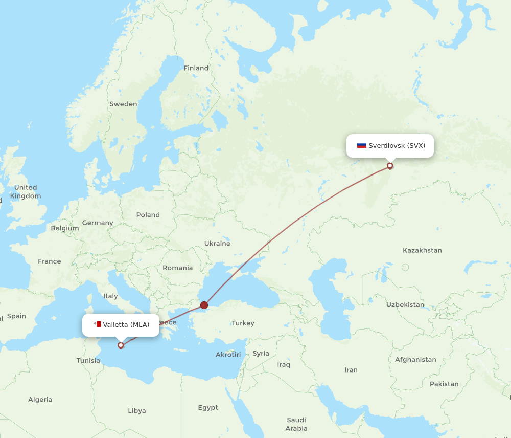 Yekaterinburg - Malta route map and flight paths