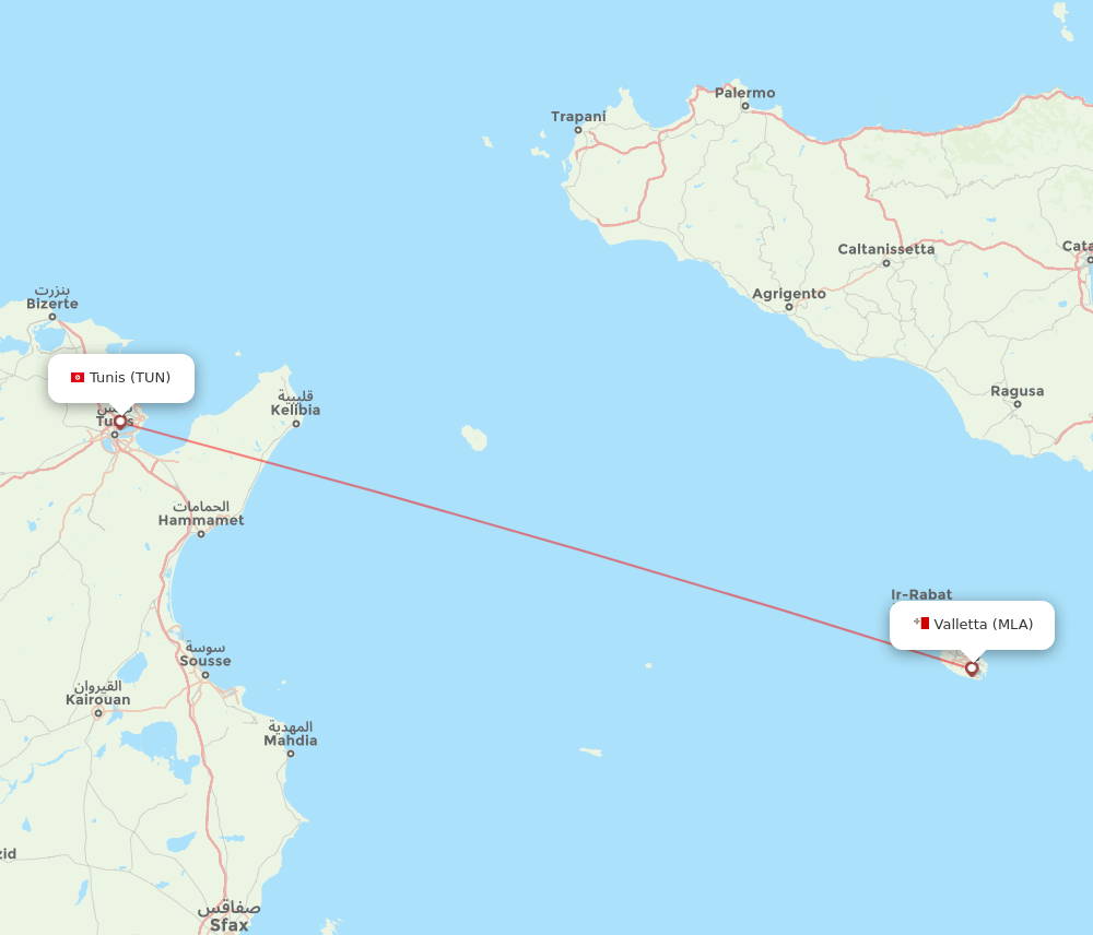 Malta - Tunis route map and flight paths