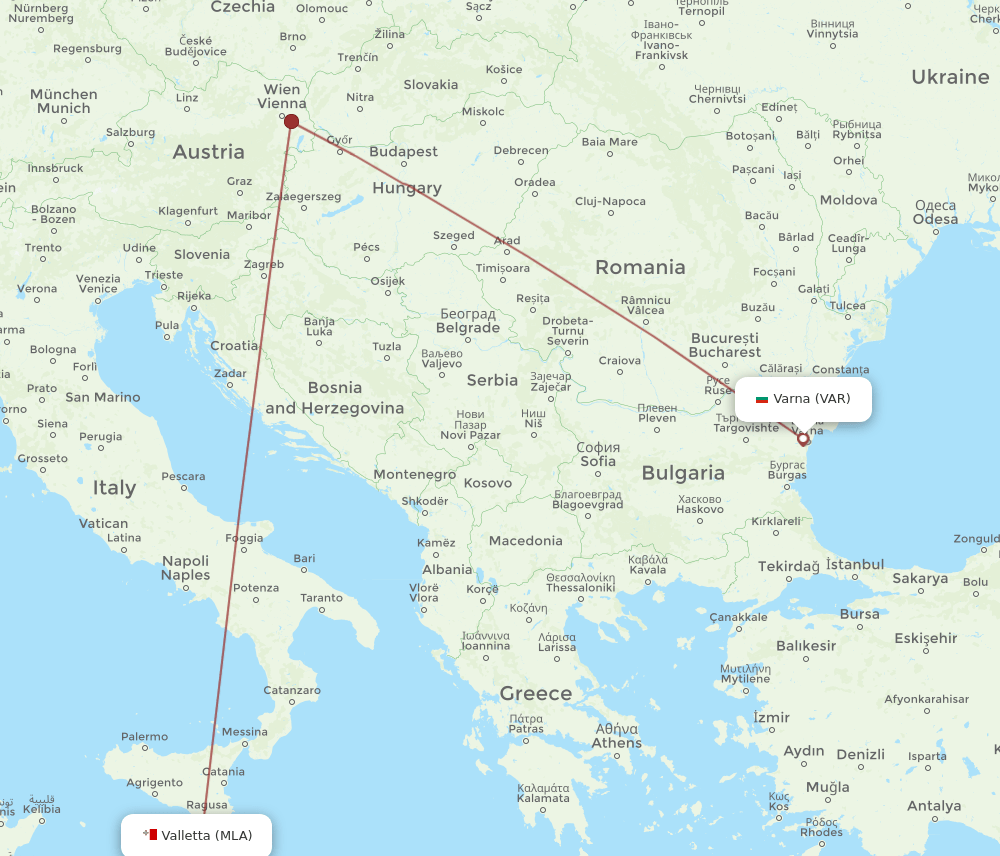 Varna - Malta route map and flight paths