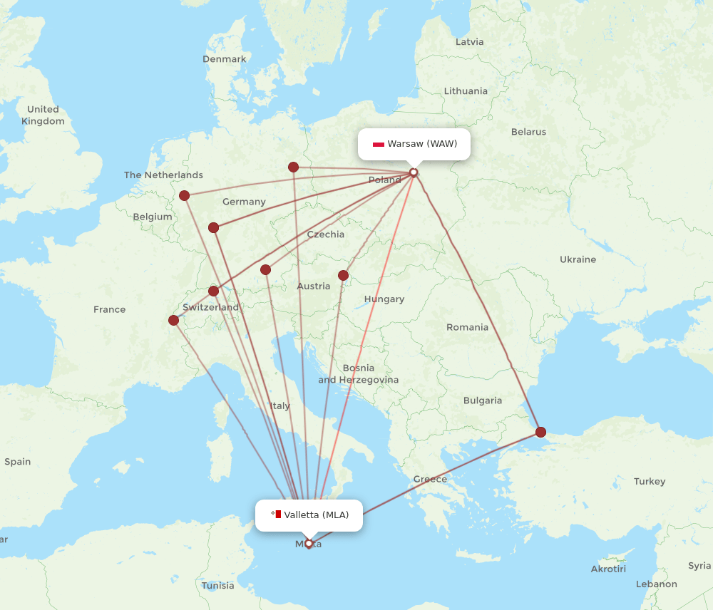 MLA-WAW flight routes